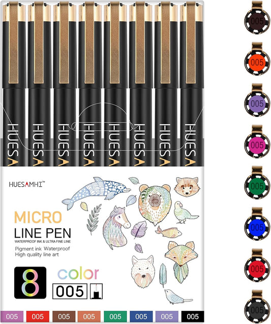 005 Micro Pen,8 Colors Waterproof Ink,FineLiner Pens for Art Illustration,Sketching, Anime, Bullet journal,and Technical Drawing